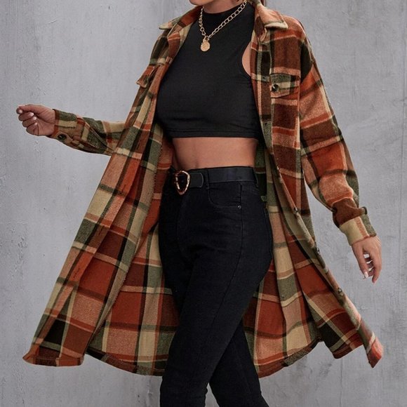 Casual Plaid Print Flap Pocket button down Duster Jacker Coat - Picture 4 of 7